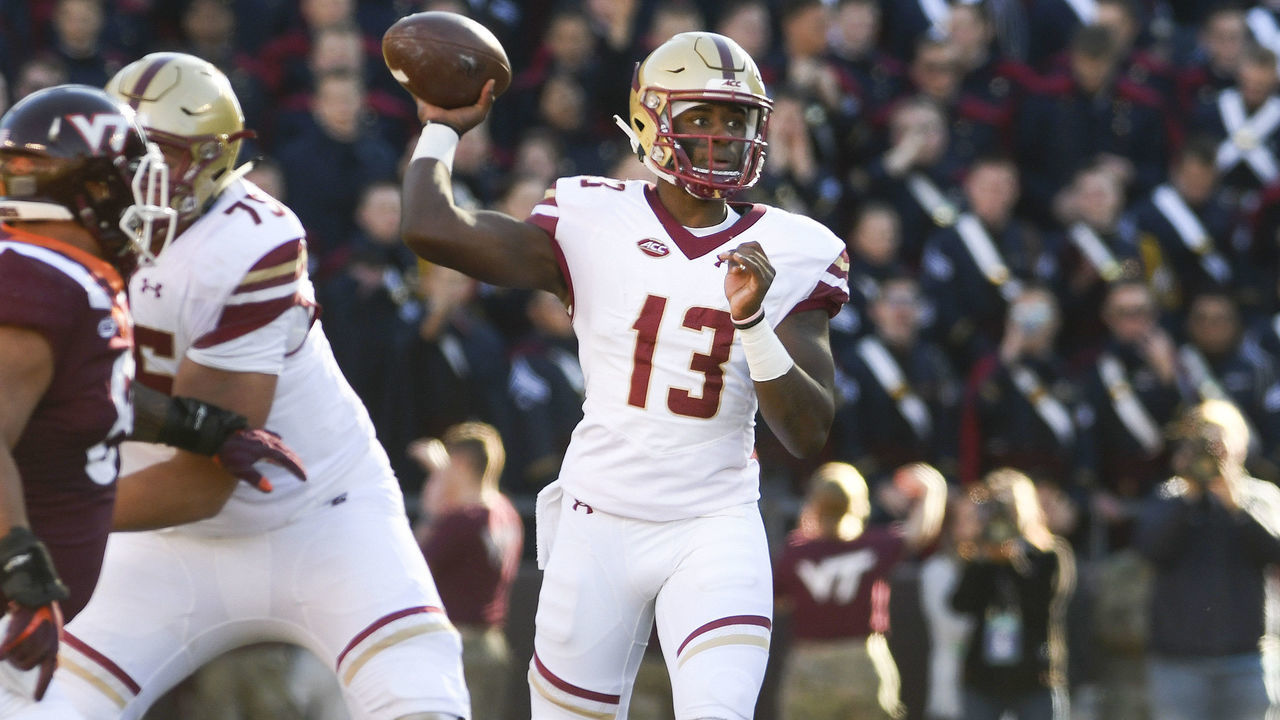 BLACKSBURG, VA - NOVEMBER 3: Quarterback Anthony Brown #13 of the Boston College Eagles throws against the Virginia Tech Hokies in the first half at Lane Stadium on November 3, 2018 in Blacksburg, Virginia.