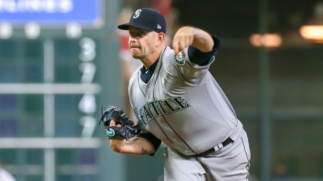 HOUSTON, TX - AUGUST 09: Seattle Mariners starting pitcher James Paxton (65) pitches to Houston Astros first baseman Tyler White (13) in the bottom of the second inning during the baseball game between the Seattle Mariners and Houston Astros on August 9, 2018 at Minute Maid Park in Houston, Texas.