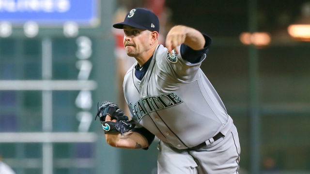 HOUSTON, TX - AUGUST 09: Seattle Mariners starting pitcher James Paxton (65) pitches to Houston Astros first baseman Tyler White (13) in the bottom of the second inning during the baseball game between the Seattle Mariners and Houston Astros on August 9, 2018 at Minute Maid Park in Houston, Texas.