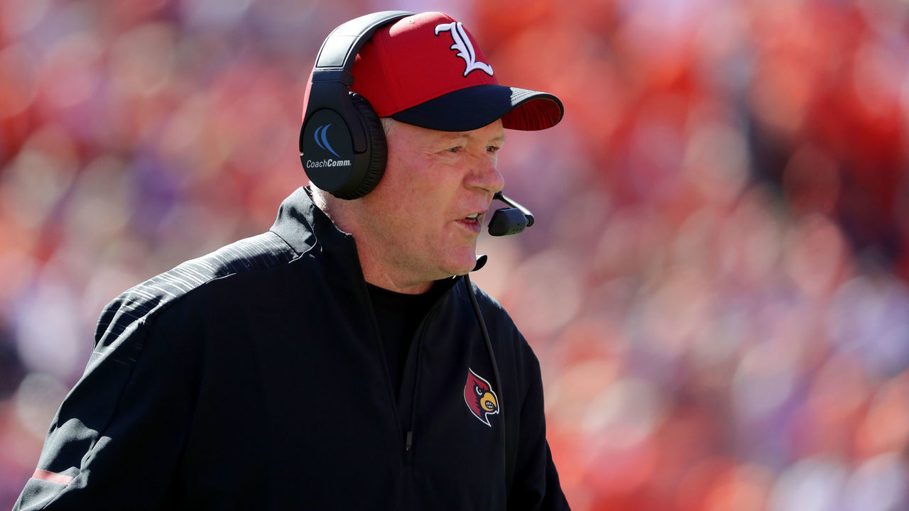 CLEMSON, SC - NOVEMBER 03: Head coach Bobby Petrino of the Louisville Cardinals watches on against the Clemson Tigers during their game at Clemson Memorial Stadium on November 3, 2018 in Clemson, South Carolina.