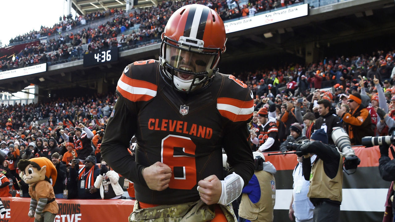 CLEVELAND, OH - NOVEMBER 11: Baker Mayfield #6 of the Cleveland Browns celebrates a touchdown pass in the first half against the Atlanta Falcons at FirstEnergy Stadium on November 11, 2018 in Cleveland, Ohio.