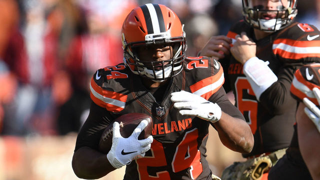 CLEVELAND, OH - NOVEMBER 11: Nick Chubb #24 of the Cleveland Browns runs the ball in the first quarter against the Atlanta Falcons at FirstEnergy Stadium on November 11, 2018 in Cleveland, Ohio.