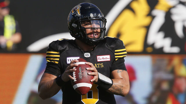 HAMILTON, ON - SEPTEMBER 15: Jeremiah Masoli #8 of the Hamilton Tiger-Cats looks to pass the ball against the Calgary Stampeders during a game at Tim Hortons Field on September 15, 2018 in Hamilton, Ontario, Canada. Calgary defeated Hamilton 43-28.