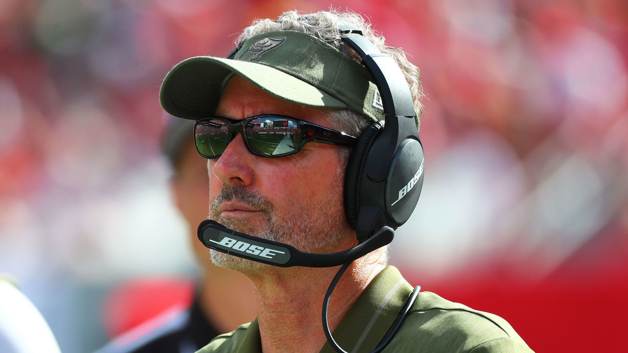 TAMPA, FLORIDA - NOVEMBER 11: Head coach Dirk Koetter of the Tampa Bay Buccaneers looks on from the sidelines during the second quarter against the Washington Redskins at Raymond James Stadium on November 11, 2018 in Tampa, Florida.