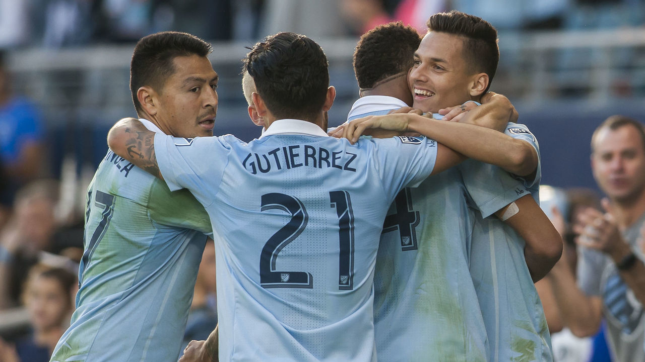 KANSAS CITY, KS - OCTOBER 28: Sporting Kansas City forward Daniel Salloi (20) celebrates with teammates after scoring a goal during the match between Sporting Kansas City and Los Angeles FC played on Sunday October 28, 2018 at Children's Mercy Park in Kansas City, KS.