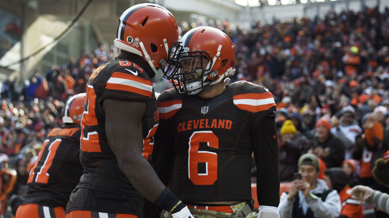 CLEVELAND, OH - NOVEMBER 11: Baker Mayfield #6 of the Cleveland Browns and Orson Charles #82 of the Cleveland Browns celebrates a touchdown pass in the first half against the Atlanta Falcons at FirstEnergy Stadium on November 11, 2018 in Cleveland, Ohio.