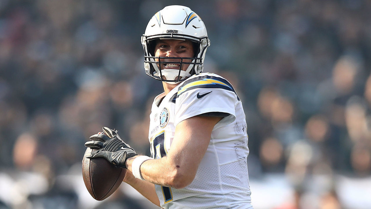 OAKLAND, CA - NOVEMBER 11: Philip Rivers #17 of the Los Angeles Chargers looks to pass against the Oakland Raiders during their NFL game at Oakland-Alameda County Coliseum on November 11, 2018 in Oakland, California.