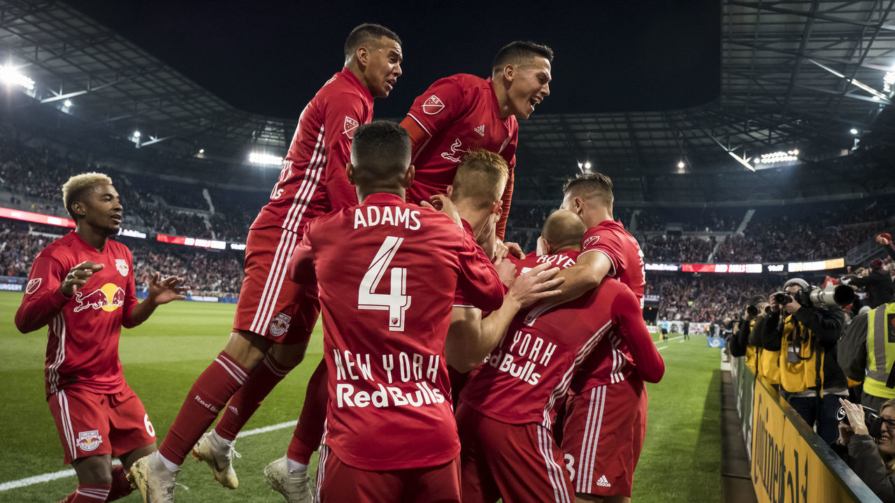 HARRISON, NJ - NOVEMBER 11: Aaron Long #33 of New York Red Bulls celebrates with teammates after scoring a goal during 1st half of the Audi 2018 MLS Cup Eastern Conference Semifinal Leg 2 match between Columbus Crew and New York Red Bulls at Red Bull Arena on November 11, 2018 in Harrison, NJ, USA.