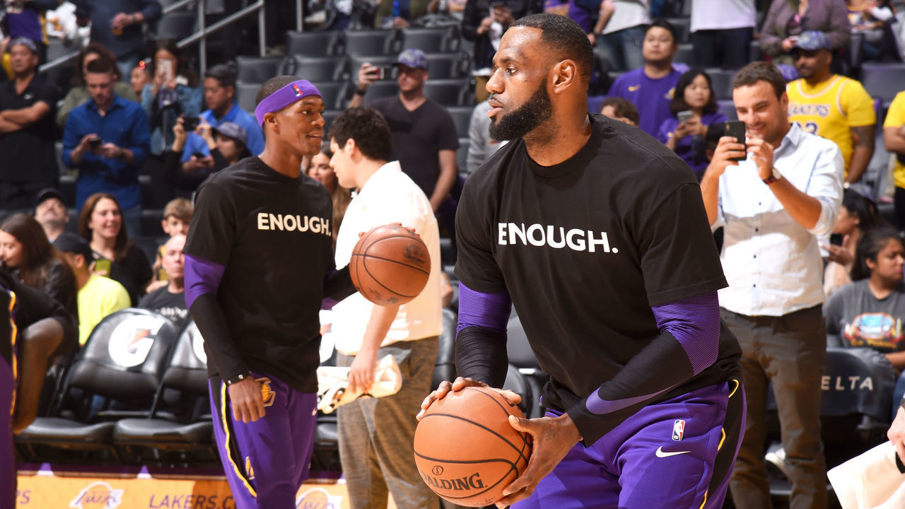 LOS ANGELES, CA - NOVEMBER 11: LeBron James #23 of the Los Angeles Lakers warms up before the game against the Atlanta Hawks on November 11, 2018 at STAPLES Center in Los Angeles, California. NOTE TO USER: User expressly acknowledges and agrees that, by downloading and/or using this Photograph, user is consenting to the terms and conditions of the Getty Images License Agreement. Mandatory Copyright Notice: Copyright 2018 NBAE