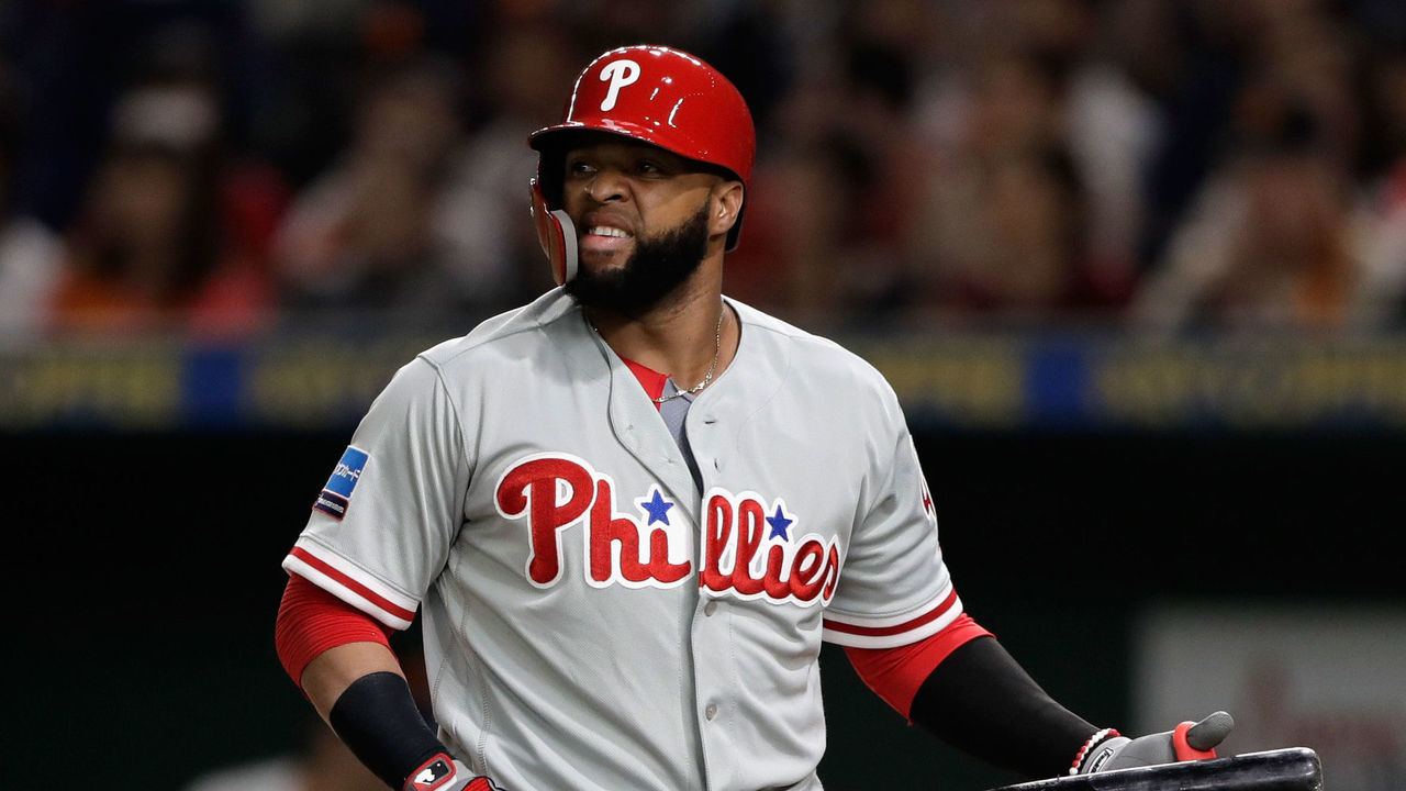 TOKYO, JAPAN - NOVEMBER 08: Infielder Carlos Santana #41 of the Philadelhia Phillies reacts after strike out in the top of 1st inning during the exhibition game between Yomiuri Giants and the MLB All Stars at Tokyo Dome on November 8, 2018 in Tokyo, Japan.