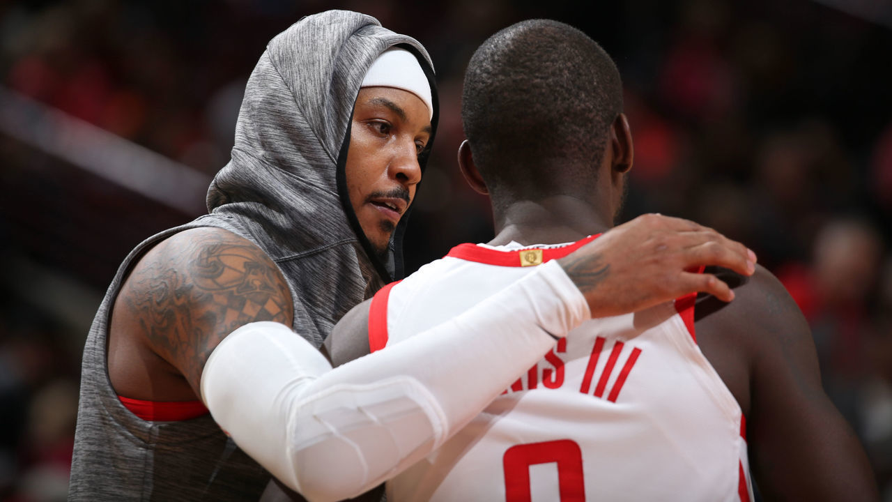 CHICAGO, IL - NOVEMBER 3: Carmelo Anthony #7 talks with James Ennis III #8 of the Houston Rockets during the game against the Chicago Bulls on November 3, 2018 at the United Center in Chicago, Illinois. Mandatory Copyright Notice: Copyright 2018 NBAE