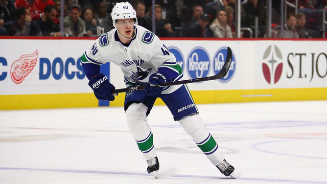 DETROIT, MICHIGAN - NOVEMBER 06: Elias Pettersson #40 of the Vancouver Canucks skates against the Detroit Red Wings at Little Caesars Arena on November 06, 2018 in Detroit, Michigan. Detroit won the game 3-2.
