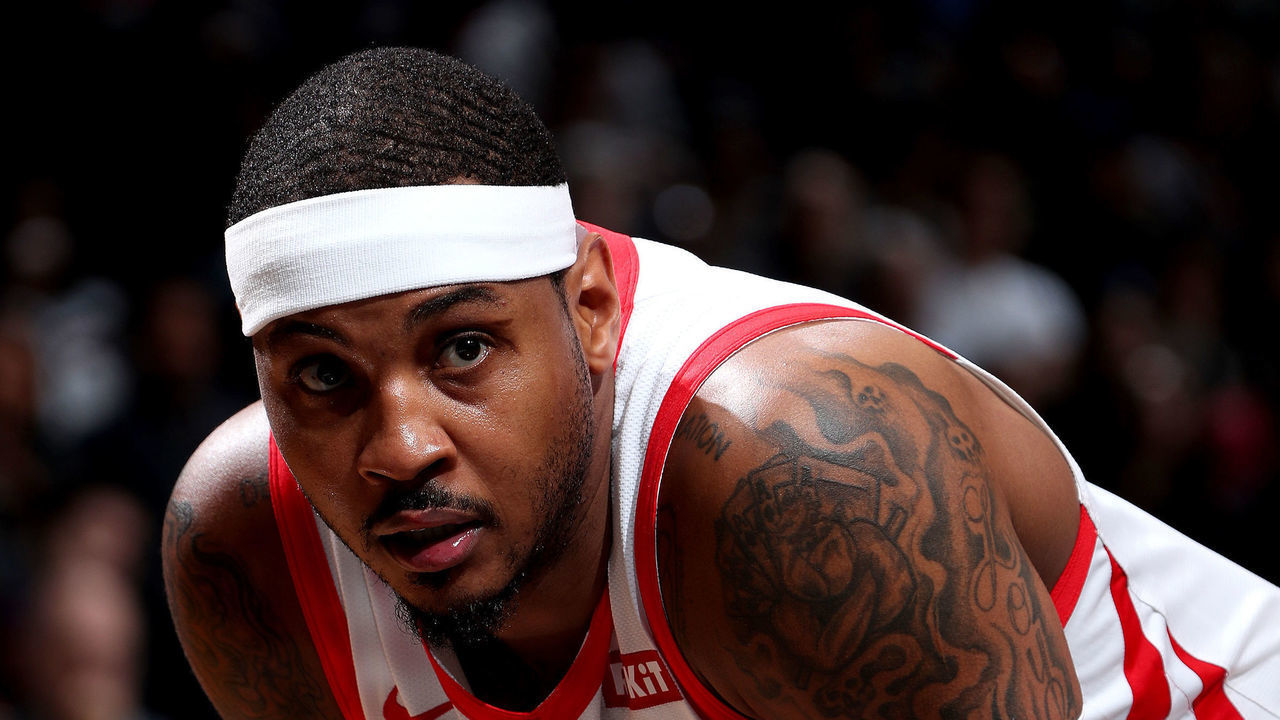 NEW YORK, NY - NOVEMBER 2: Carmelo Anthony #7 of the Houston Rockets looks on against the Brooklyn Nets on November 2, 2018 at Madison Square Garden in New York City, New York. Mandatory Copyright Notice: Copyright 2018 NBAE