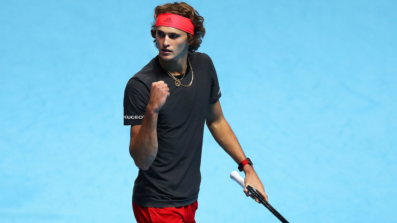 LONDON, ENGLAND - NOVEMBER 12: Alexander Zverev of Germany celebrates during his singles round robin match against Marin Cilic of Croatia during Day Two of the Nitto ATP World Tour Finals at The O2 Arena on November 12, 2018 in London, England.