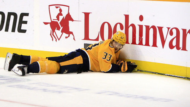 NASHVILLE, TN - OCTOBER 27: Nashville Predators right wing Viktor Arvidsson (33) is shown following a third period Edmonton goal during the NHL game between the Nashville Predators and the Edmonton Oilers, held on October 27, 2018, at Bridgestone Arena in Nashville, Tennessee.