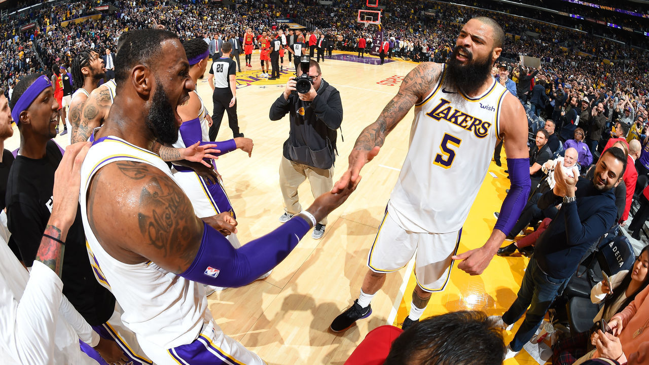 LOS ANGELES, CA - NOVEMBER 11: Tyson Chandler #5 of the Los Angeles Lakers celebrates to a Laker's win with LeBron James #23 of the Los Angeles Lakers after the game against the Atlanta Hawks on November 11, 2018 at STAPLES Center in Los Angeles, California. NOTE TO USER: User expressly acknowledges and agrees that, by downloading and/or using this Photograph, user is consenting to the terms and conditions of the Getty Images License Agreement. Mandatory Copyright Notice: Copyright 2018 NBAE