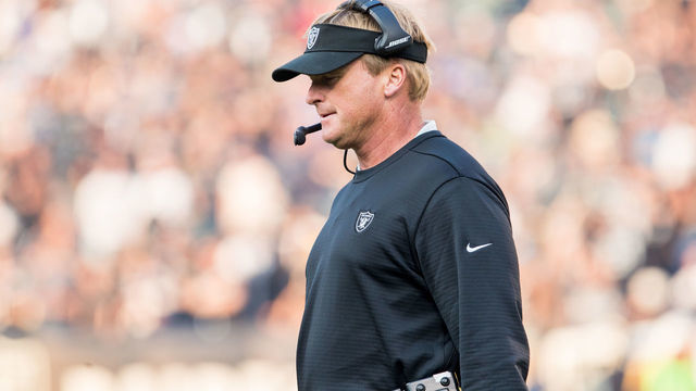 OAKLAND, CA - NOVEMBER 11: Oakland Raiders coach Jon Gruden prowls the field during the NFL football game between the Los Angeles Chargers and the Oakland Raiders on November 11, 2018 at Oakland Alameda Coliseum in Oakland, CA.