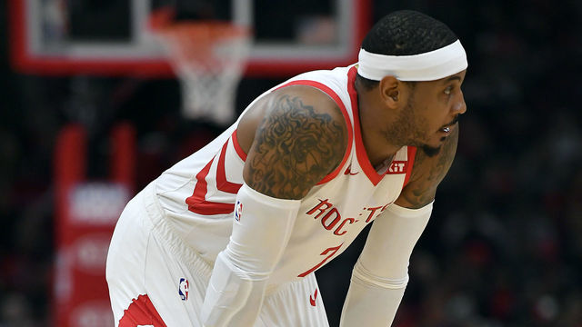 CHICAGO, ILLINOIS - NOVEMBER 03: Carmelo Anthony #7 of the Houston Rockets reacts during the game against the Chicago Bulls at United Center on November 03, 2018 in Chicago, Illinois.