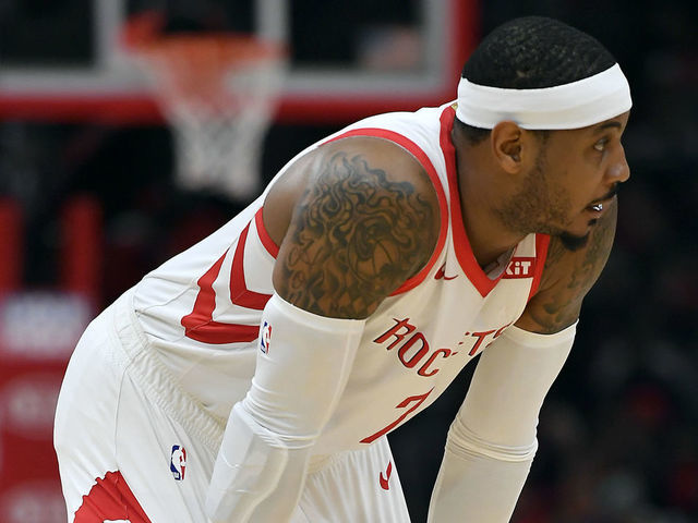 CHICAGO, ILLINOIS - NOVEMBER 03: Carmelo Anthony #7 of the Houston Rockets reacts during the game against the Chicago Bulls at United Center on November 03, 2018 in Chicago, Illinois.