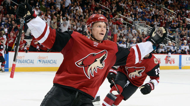 GLENDALE, AZ - MARCH 31: Jakob Chychrun #6 of the Arizona Coyotes celebrates his second period goal against the St Louis Blues at Gila River Arena on March 31, 2018 in Glendale, Arizona.