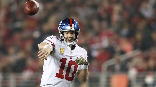 SANTA CLARA, CA - NOVEMBER 12: Eli Manning #10 of the New York Giants attempts a pass against the San Francisco 49ers during their NFL game at Levi's Stadium on November 12, 2018 in Santa Clara, California.