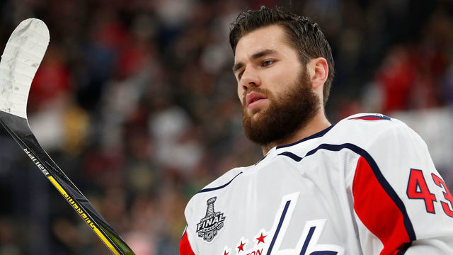 LAS VEGAS, NV - JUNE 07: Tom Wilson #43 of the Washington Capitals checks his stick during warm-up before Game Five of the 2018 NHL Stanley Cup Final between the Washington Capitals and the Vegas Golden Knights at T-Mobile Arena on June 7, 2018 in Las Vegas, Nevada.