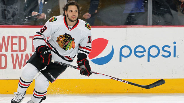 PHILADELPHIA, PA - MARCH 25: Dan Carcillo #13 of the Chicago Blackhawks warms up prior to his game against the Philadelphia Flyers on March 25, 2015 at the Wells Fargo Center in Philadelphia, Pennsylvania.