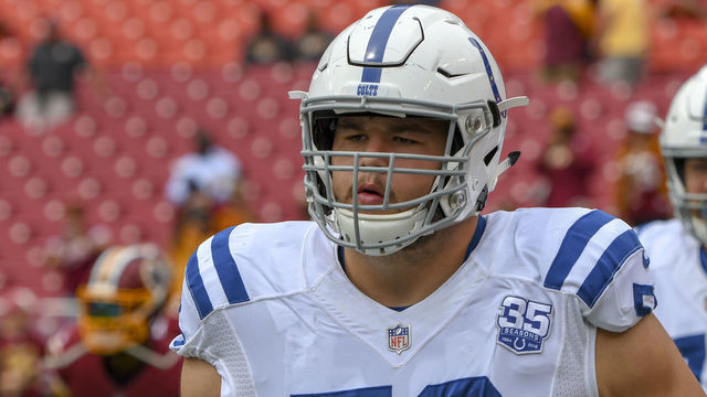 LANDOVER, MD - SEPTEMBER 16: Indianapolis Colts offensive guard Quenton Nelson (56) warms up on September 16, 2018, at FedEx Field in Landover, MD. The Indianapolis Colts defeated the Washington Redskins, 21-9.