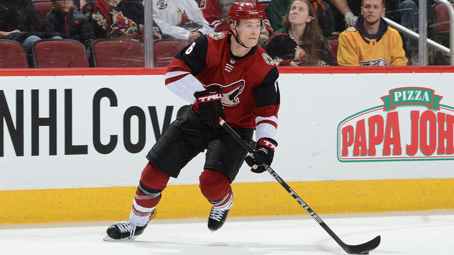 GLENDALE, AZ - MARCH 15: Jakob Chychrun #6 of the Arizona Coyotes skates with the puck against the Nashville Predators at Gila River Arena on March 15, 2018 in Glendale, Arizona.