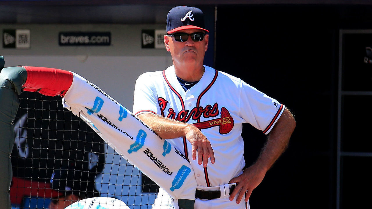 ATLANTA, GA - SEPTEMBER 19: Brian Snitker #43 of the Atlanta Brave looks on from the dugout during the fifth inning against the St. Louis Cardinals at SunTrust Park on September 19, 2018 in Atlanta, Georgia.