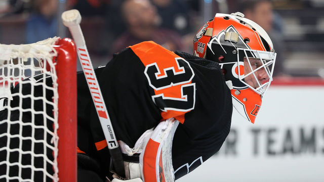 PHILADELPHIA, PA - OCTOBER 20: Brian Elliott #37 of the Philadelphia Flyers looks on against the New Jersey Devils on October 20, 2018 at the Wells Fargo Center in Philadelphia, Pennsylvania.