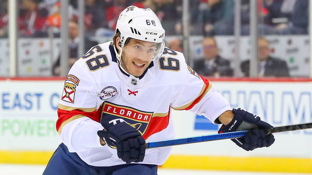 NEWARK, NJ - OCTOBER 27: Florida Panthers left wing Mike Hoffman (68) skates during the National Hockey League Game between the New Jersey Devils and the Florida Panthers on October 27, 2018 at the Prudential Center in Newark, NJ.