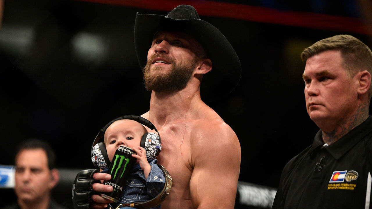 DENVER, CO - NOVEMBER 10: Donald Cerrone celebrates with his son Dacson Danger Cerrone after defeating Mike Perry by submission via arm bar in their welterweight bout during the UFC Fight Night event inside Pepsi Center on November 10, 2018 in Denver, Colorado.