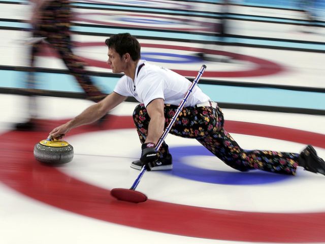 PHOTOS: Norway's curling team sporting flower pants on Friday