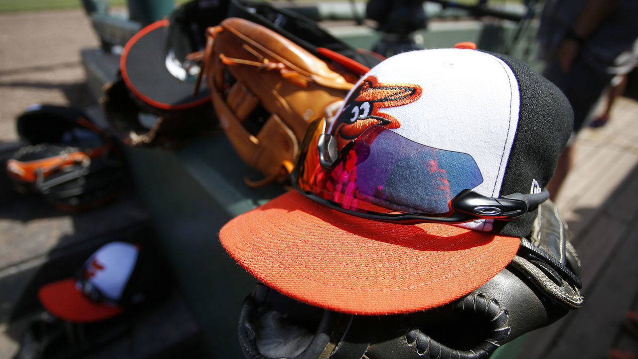 SARASOTA, FL- MARCH 08: A Baltimore Orioles hat is seen against the Toronto Blue Jays on March 8, 2017 at Ed Smith Stadium in Sarasota, Florida. *** Local Caption ***