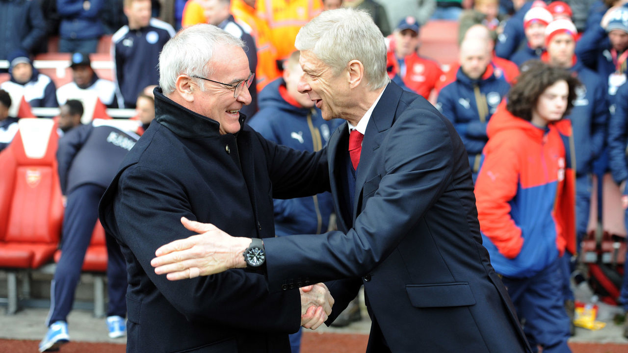 LONDON, ENGLAND - February 14: Manager Arsene Wenger of Arsenal welcomes manager Claudio Ranieri of Leicester City to The Emirates Stadium ahead of the Premier League match between Arsenal and Leicester City at Emirates Stadium on February 14, 2016 in London, United Kingdom.