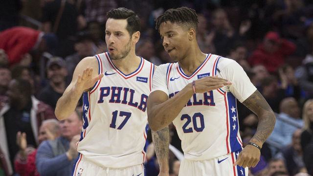 PHILADELPHIA, PA - OCTOBER 27: JJ Redick #17 of the Philadelphia 76ers celebrates with Markelle Fultz #20 against the Charlotte Hornets at the Wells Fargo Center on October 27, 2018 in Philadelphia, Pennsylvania.