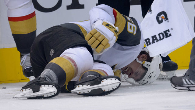 TORONTO, ON - NOVEMBER 06: Vegas Golden Knights Center Erik Haula (56) screams in pain after being injured during the NHL regular season game between the Vegas Golden Knights and the Toronto Maple Leafs on November 6, 2018, at Scotiabank Arena in Toronto, ON, Canada.