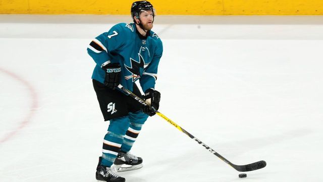 SAN JOSE, CA - APRIL 18: Paul Martin #7 of the San Jose Sharks handles the puck in Game Four of the Western Conference First Round against the Anaheim Ducks during the 2018 NHL Stanley Cup Playoffs at SAP Center on April 18, 2018 in San Jose, California. *** Local Caption *** Paul Martin