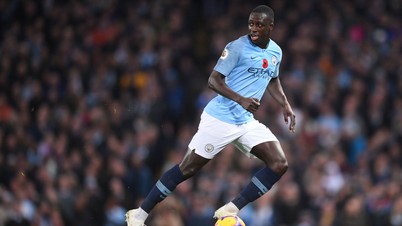 MANCHESTER, ENGLAND - NOVEMBER 11: Benjamin Mendy of Manchester City runs with the ball during the Premier League match between Manchester City and Manchester United at Etihad Stadium on November 11, 2018 in Manchester, United Kingdom.