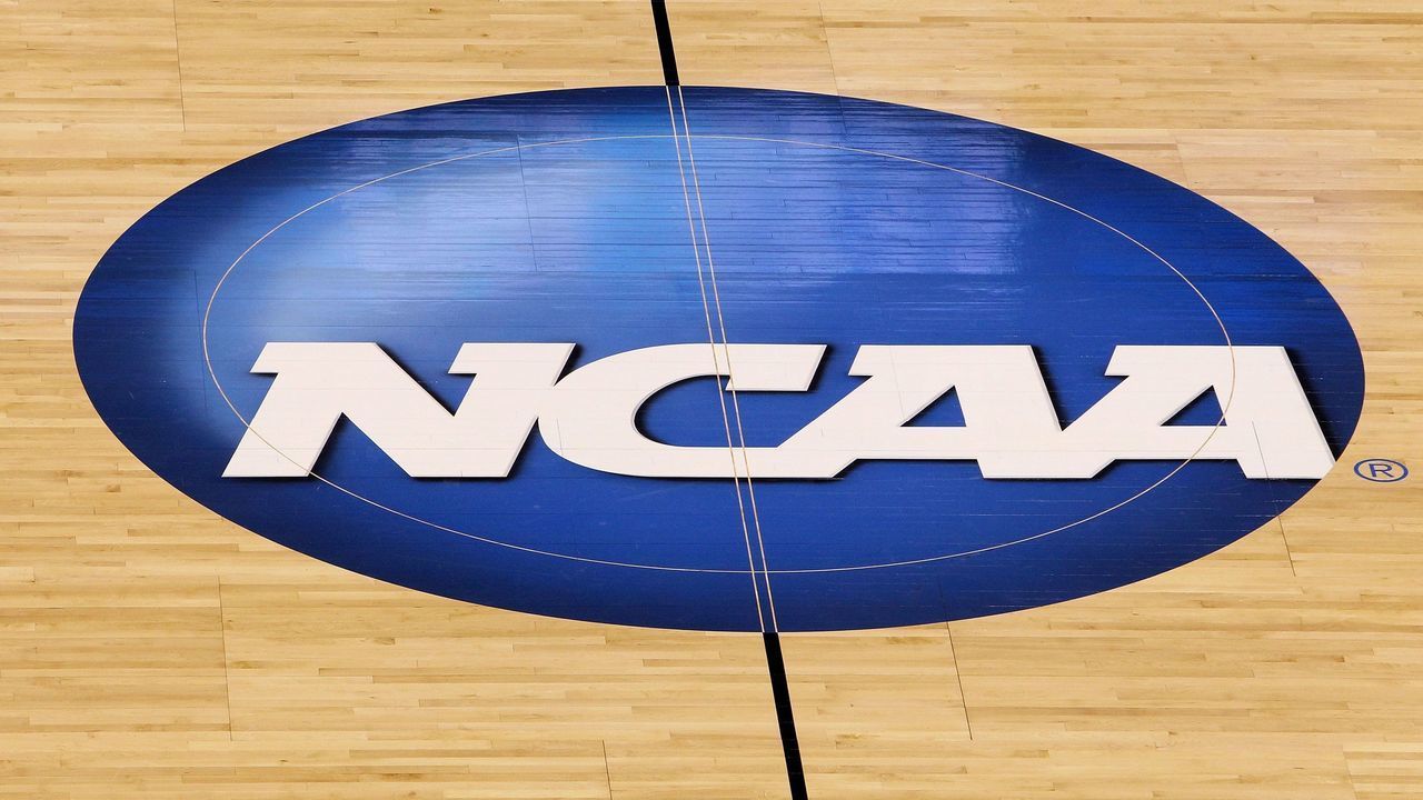 OKLAHOMA CITY - MARCH 20: A detail of a NCAA logo decal is seen at center court as the Kansas State Wildcats play against the Brigham Young Cougars during the second round of the 2010 NCAA men's basketball tournament at Ford Center on March 20, 2010 in Oklahoma City, Oklahoma.