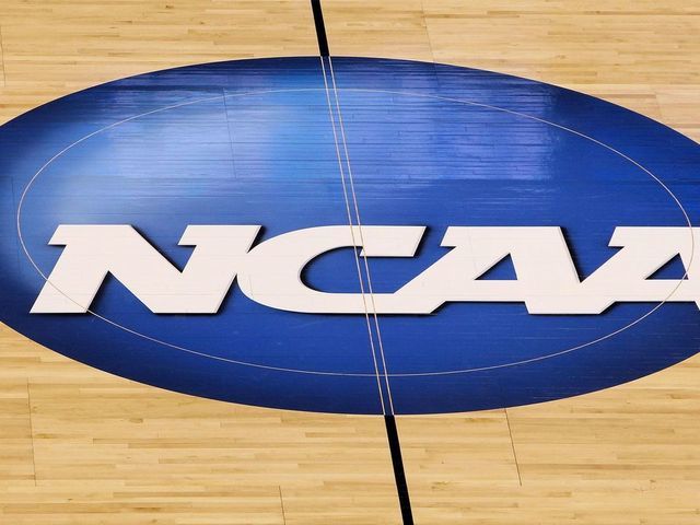 OKLAHOMA CITY - MARCH 20: A detail of a NCAA logo decal is seen at center court as the Kansas State Wildcats play against the Brigham Young Cougars during the second round of the 2010 NCAA men's basketball tournament at Ford Center on March 20, 2010 in Oklahoma City, Oklahoma.