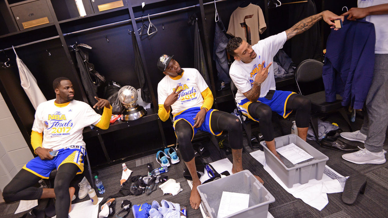 SAN ANTONIO, TX - MAY 22: Draymond Green #23, Kevin Durant #35 and Matt Barnes #22 of the Golden State Warriors celebrate after winning Game Four of the Western Conference Finals during the 2017 NBA Playoffs on May 22, 2017 AT&T Center in San Antonio, Texas. Mandatory Copyright Notice: Copyright 2017 NBAE (Photos by Noah Graham /NBAE via Getty Images)