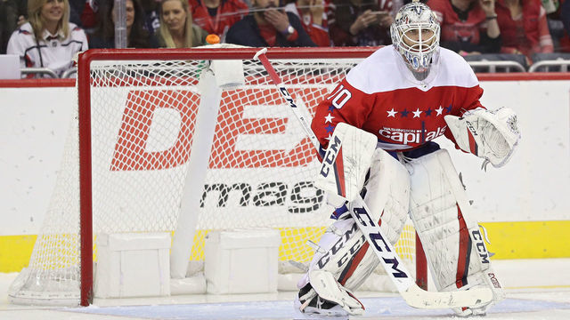 WASHINGTON, DC - NOVEMBER 11: Goalie Braden Holtby #70 of the Washington Capitals tends the net against the Arizona Coyotes during the third period at Capital One Arena on November 11, 2018 in Washington, DC.