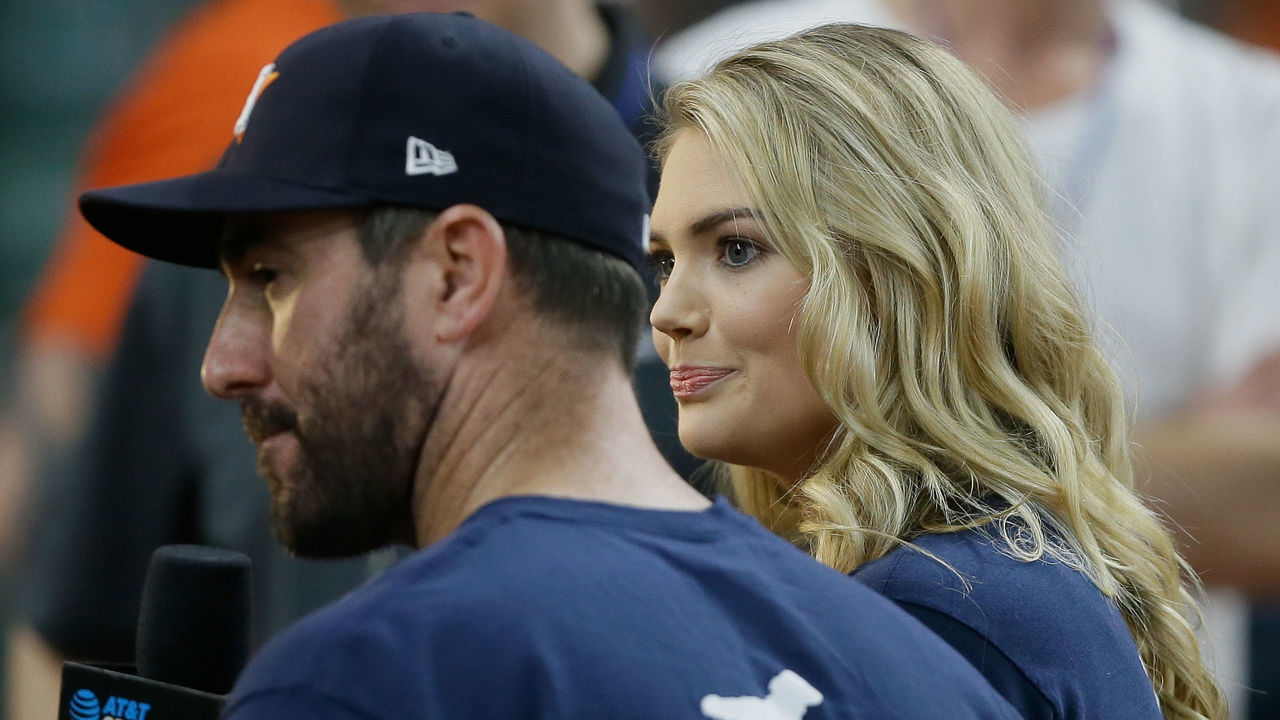 HOUSTON, TX - AUGUST 31: Justin Verlander of the Hoouston Astros and wife Kate Upton talk about their upcoming Grand Slam Adoption Event to be held September 3 at Minute Maid Park on August 31, 2018 in Houston, Texas.
