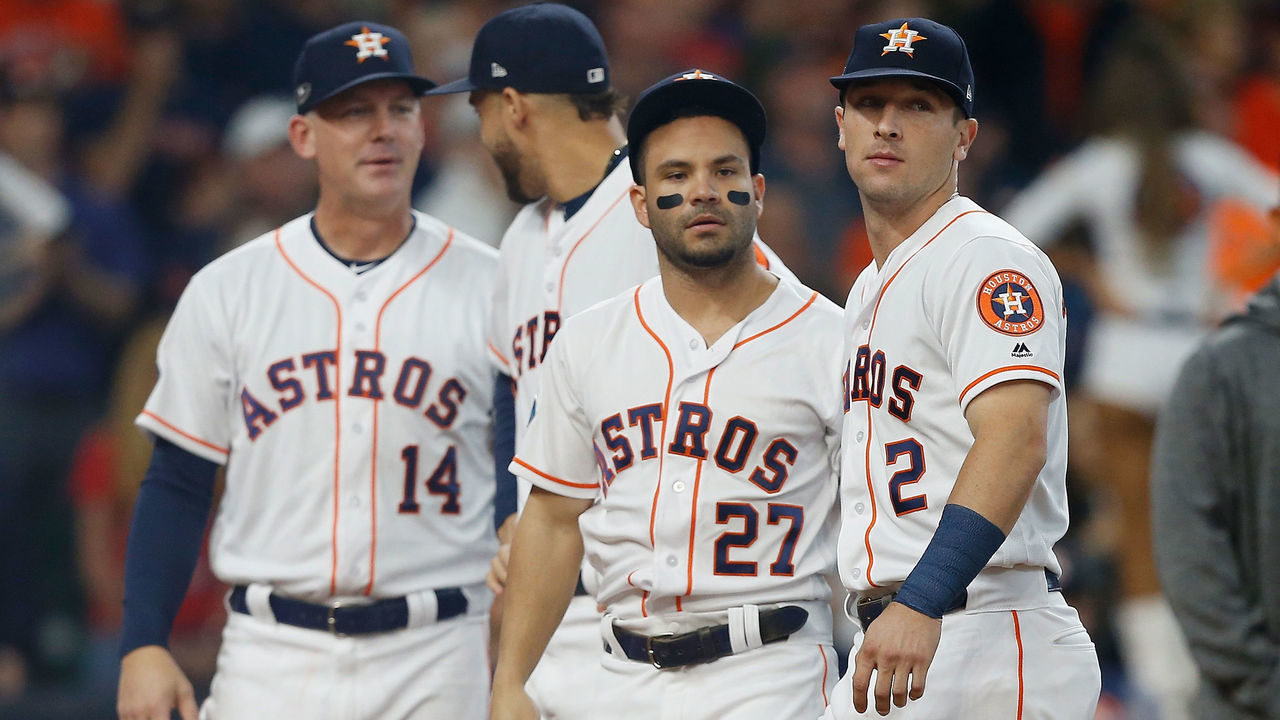 HOUSTON, TX - OCTOBER 16: Alex Bregman #2 (R) and Jose Altuve #27 of the Houston Astros look on before Game Three of the American League Championship Series against the Boston Red Sox at Minute Maid Park on October 16, 2018 in Houston, Texas.