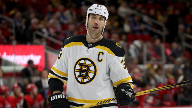 RALEIGH, NC - OCTOBER 30: Zdeno Chara #33 of the Boston Bruins skates for position on the ice during an NHL game against the Carolina Hurricanes on October 30, 2018 at PNC Arena in Raleigh, North Carolina.