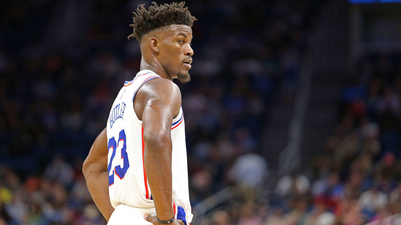 ORLANDO, FL - NOVEMBER 14: Jimmy Butler #23 of the Philadelphia 76ers is seen during a NBA game against the Orlando Magic at Amway Center on November 14, 2018 in Orlando, Florida.