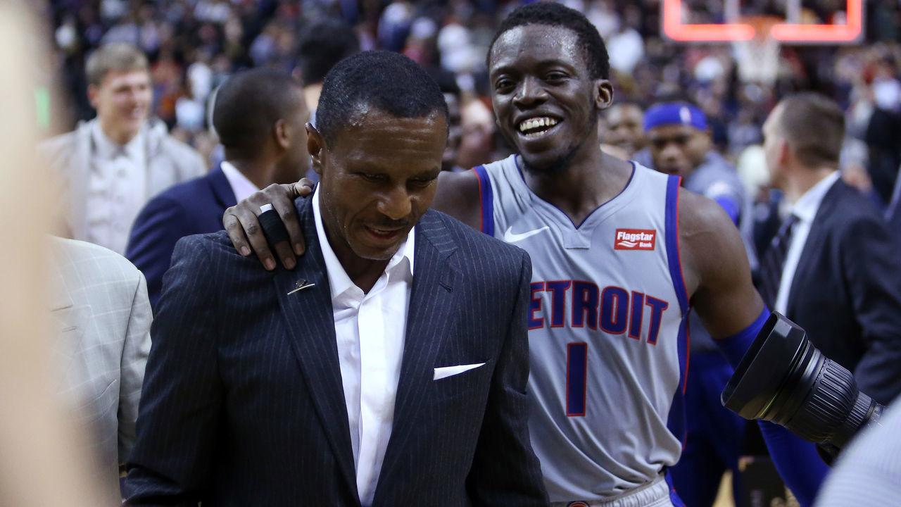 TORONTO, ON - NOVEMBER 14: Head Coach Dwane Casey of the Detroit Pistons celebrates with Reggie Jackson #1 after defeating the Toronto Raptors in an NBA game at Scotiabank Arena on November 14, 2018 in Toronto, Canada.