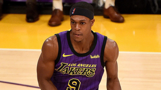 LOS ANGELES, CA - NOVEMBER 14: Rajon Rondo #9 of the Los Angeles Lakers handles the ball against the Portland Trail Blazers on November 14, 2018 at Staples Center in Los Angeles, California. NOTE TO USER: User expressly acknowledges and agrees that, by downloading and/or using this Photograph, user is consenting to the terms and conditions of the Getty Images License Agreement. Mandatory Copyright Notice: Copyright 2018 NBAE